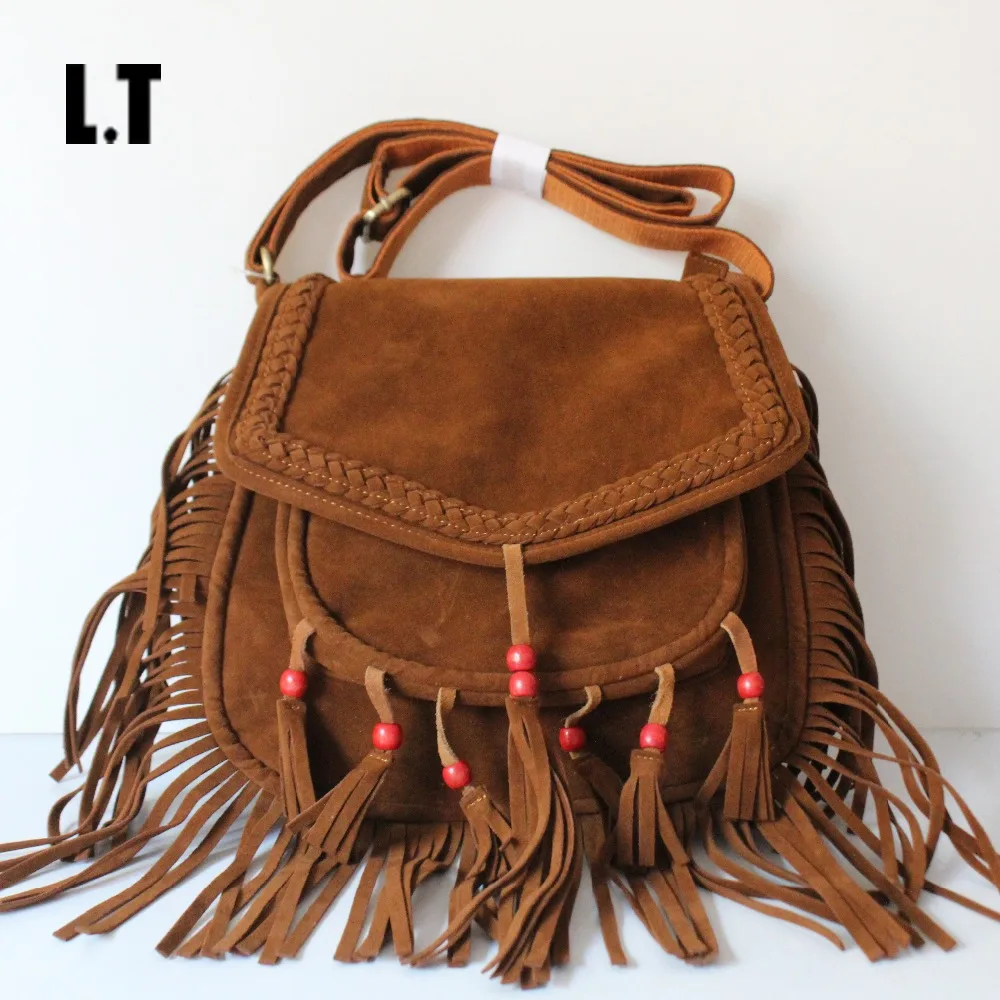 2017 Women Fringed Messenger Bag Brown Soft Leather Tassel Beaded Boho