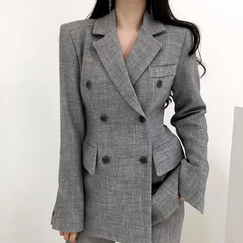 2019 Spring Gray Black Korean Women's Jacket Blazer Solid Double Breasted Coat Female Long Sleeve Office Blazers Women Outerwear