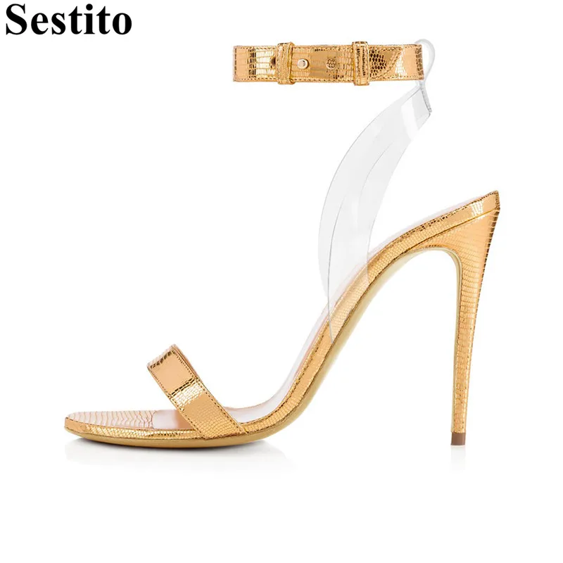 

Fashion Gold Snake Pattern PVC Casual Shoes Summer Peep Toe Thin Heels Women Sandals Buckle Strap High Heels Black Women Shoes