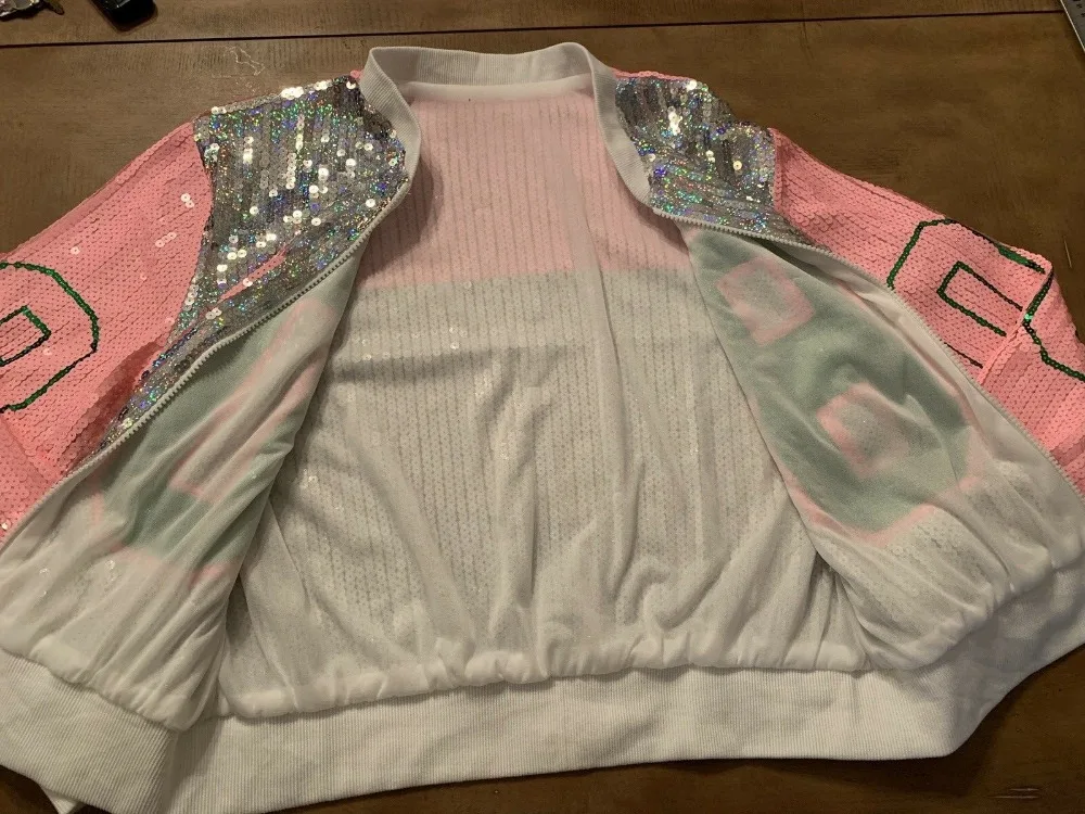 pink and green sequin jacket