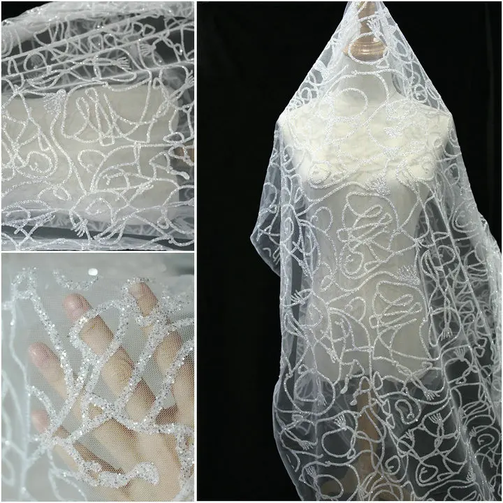 

0.5M*1.4M New White Transparent Gauze Gold Powder Sequins Large Flower Bud Silk Fabrics Wedding Dress Gold Spray