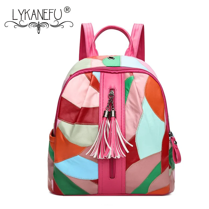 LYKANEFU Soft Patchwork Sheepskin Women Backpack Genuine Leather Backpacks for Teenage Girls