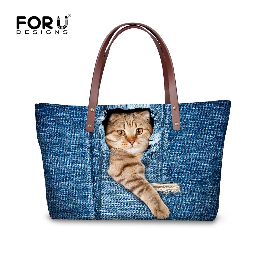 FORUDESIGNS Women Handbag Satchel Bags Designer Denim Animal Cat Cross