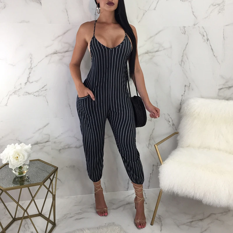 Summer Sexy Jumpsuits Fashion Bodycon Backless Stripe Badysuits Women Sexy Party Clubwear Jumpsuits Casual Overalls Jumpsuit