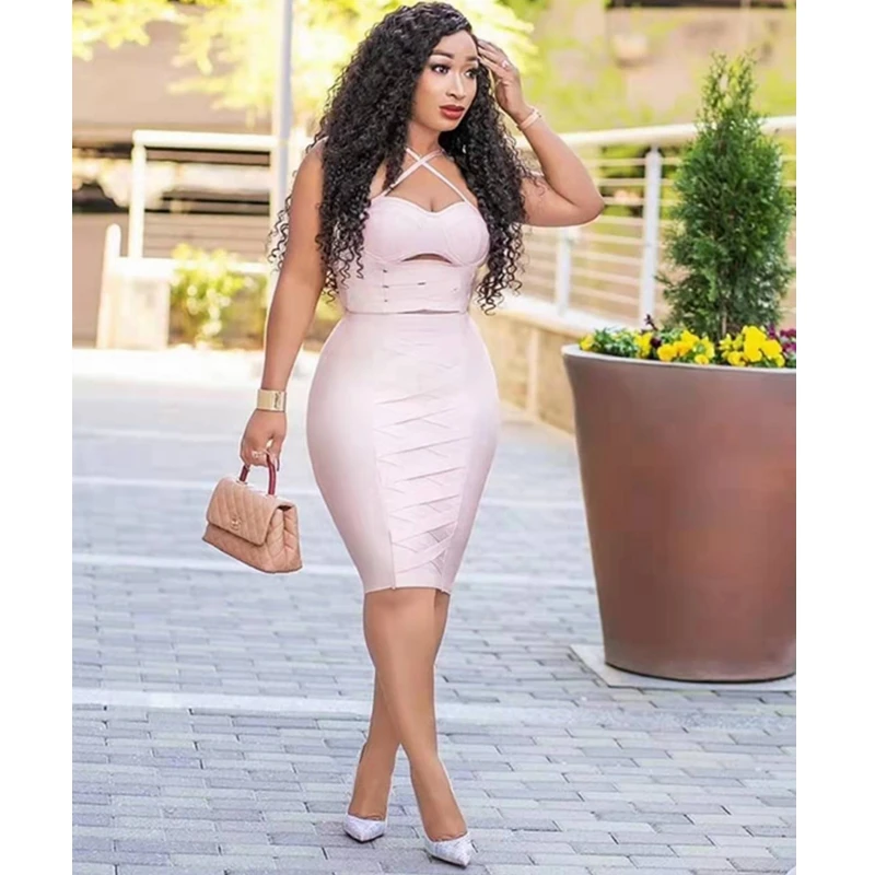

Summer Dress for Women 2019 chic spaghetti strap sexy hollow out strapless bandage dress pink celebrity party vestidos de festa