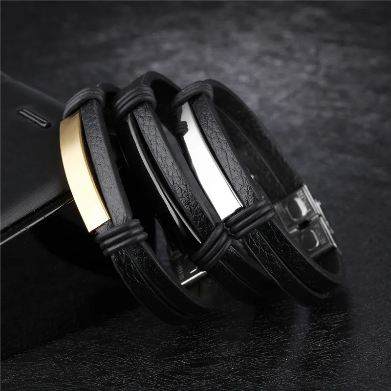 

Wonlife New Punk Leather Bracelet for Men black Stainless Steel Clasp Wristband Male Charm Jewelry Vintage Fashion Best Gifts