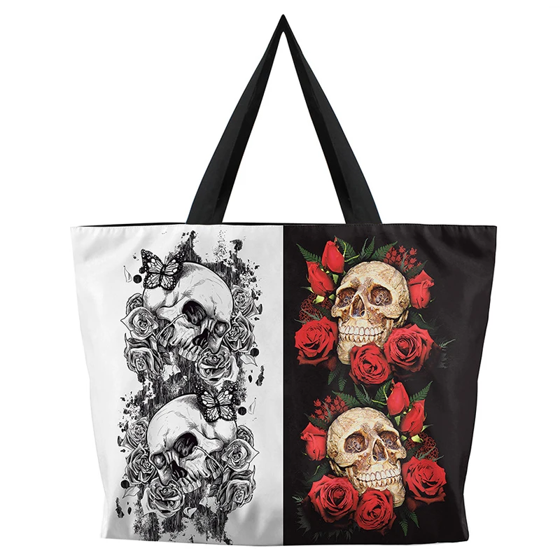 

Black And White Skull Patchwork Women Shoulder Strap Bag Shopper Bag Handbag 3D Printing Casual Tote Reusable Shopping Bag