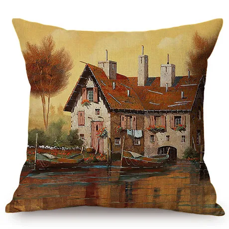 Beautiful Countryside Scenery Happy Cottage Childhood Memory Oil Painting Home Decor Throw Pillow Case Sofa Chair Cushion Cover K120-10