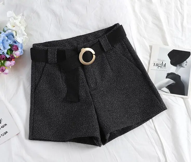 2018 Winter Women High Waist Woolen Shorts with Sashes Vintage Formal Wide Leg Winter Shorts Elegant Women Pants