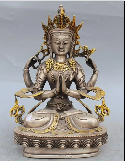 

free 12" Chinese Tibet Tibetan Buddhism Silver Gilt 4 arms Chenrezig Buddha Statue fast