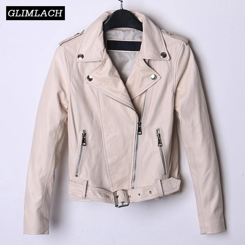 

Women Real Sheepskin Genuine Leather Motorcycle Jacket Coats 2019 Autumn Fashion White Ladies Leather Jackets Sashes Streetwear