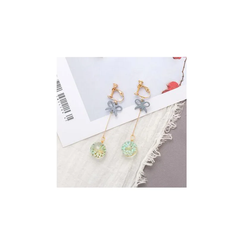 green long clip on Грейс JUN Новое поступление бантом Хрустальный цветок серьги-клипсы и падение серьги Элегантный Симпатичные серьги с фабрики - Окраска металла: green long clip on