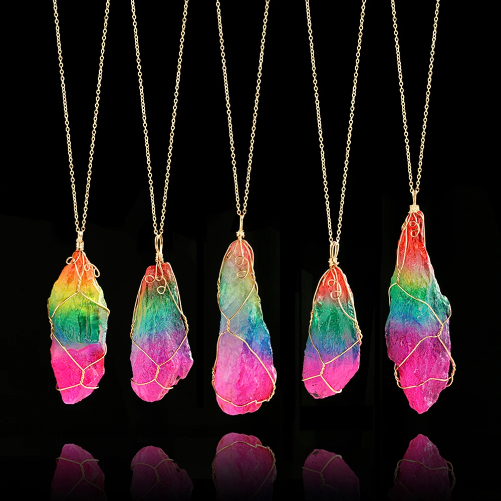 1Pc New Fashion Rainbow Colorful Raw Quartz Necklace Dipped Golden