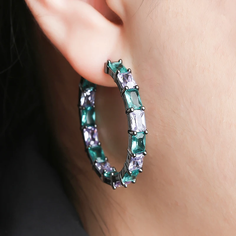 

New White Black Copper Colorful Medium Rectangle AAA Cubic Zirconia Big Round Earrings Female Party Gift Womens Fashion jewelry