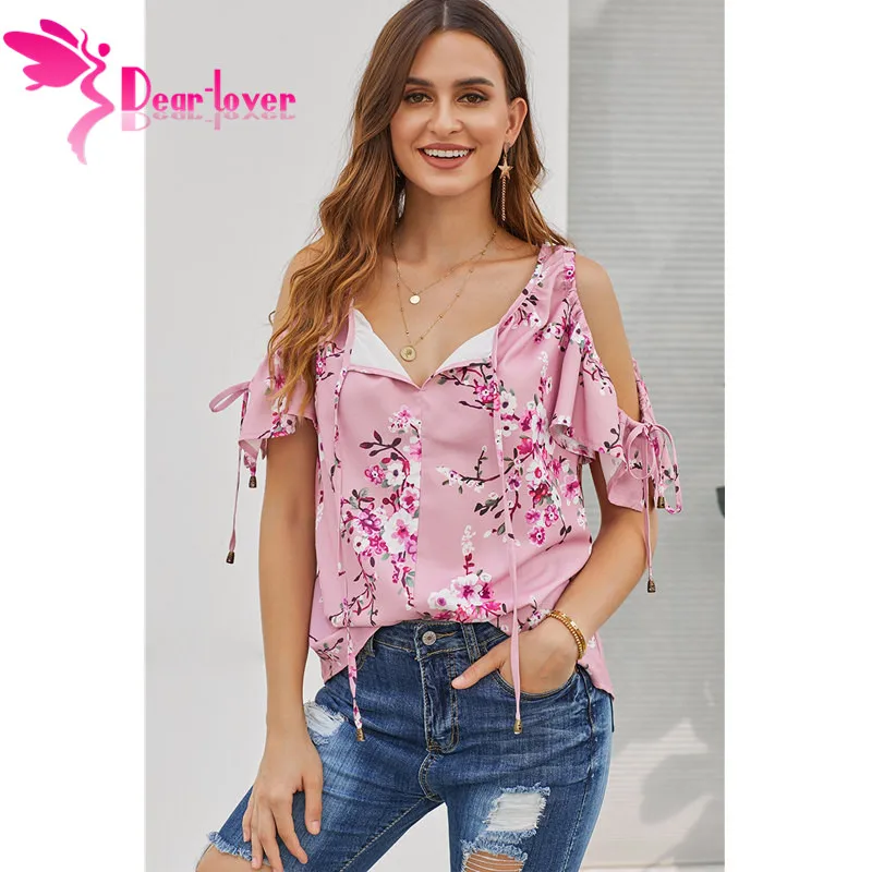 

Dear Lover Summer Sexy Boho Women Floral Print Shirts V Neck Short Sleeve Cold Shoulder Tops Blouses Rose Blue LC252028