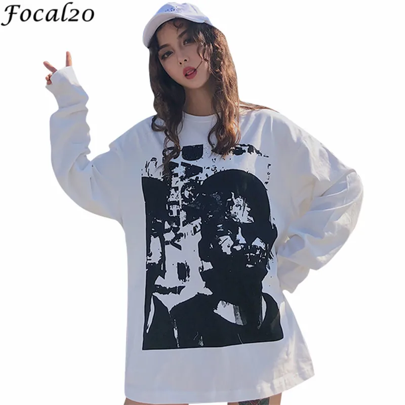 Focal20 Харадзюку письмо персонажа Женская футболка весна осень длинный рукав o-образным вырезом свободная повседневная женская футболка тройник уличная