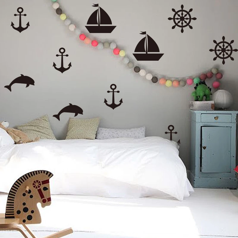 Cartoon Sailboat Anchors Wall Decals Summer Holiday Wall Sticker DIY Children Room Decor Removable Easy Wall Art Cut Vinyl (2)