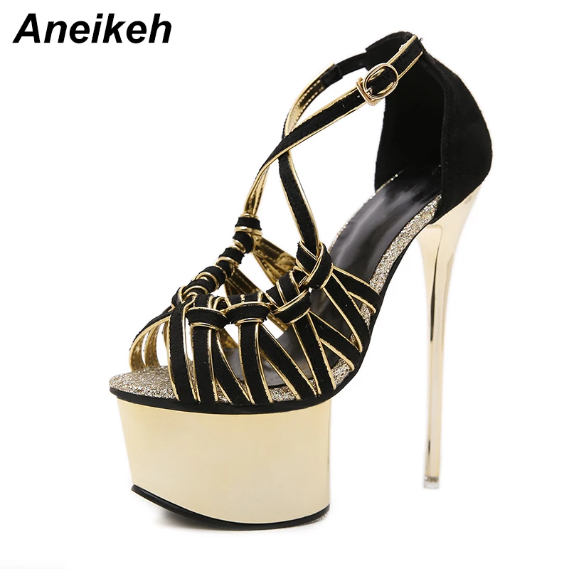 

Aneikeh Women Sandals Gladiator Party Ankle Strap Sequined Cloth Concise Ultra Very High heel Pumps 16CM Fetish Sandals shoes
