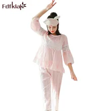 Fdfklak Корейская женская пижама с длинными рукавами, комплект хлопковой пижамы, Женская Милая Кружевная Домашняя одежда женская пижама