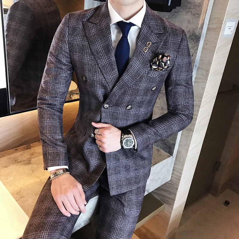 2017 Vintage Plaid Suits Grey Vintage Double Breasted Suits Mens Purple