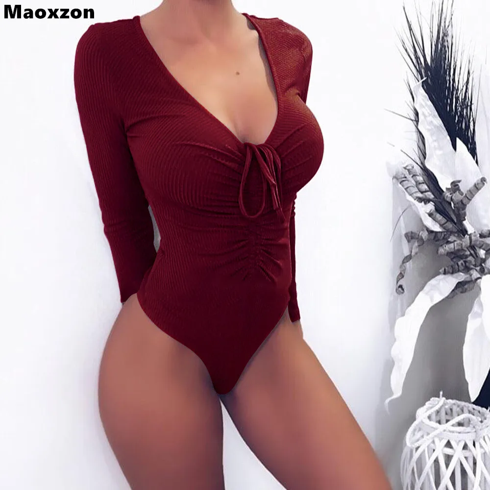 Maoxzon Womens Sexy Club Bodycon Bodysuits For Girls White Deep V neck High Waist Full Sleeve