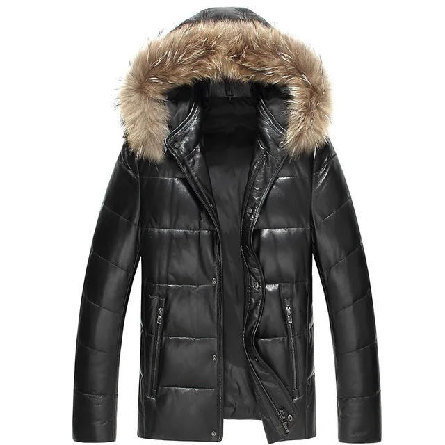 Mens Winter Down Coats Genuine Leather Down Jacket Fur Hoodies Snow ...