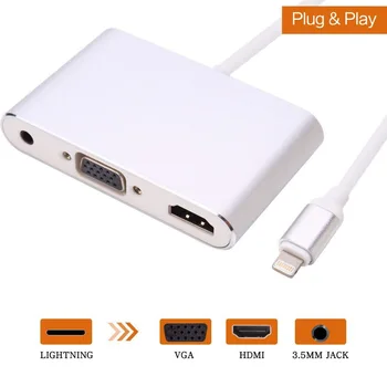 

3 IN 1 for Lightning to Digital AV Multiport HDMI VGA & Audio Adapter with Micro USB Charging Cable +3.5mm Audio Port for iPhone