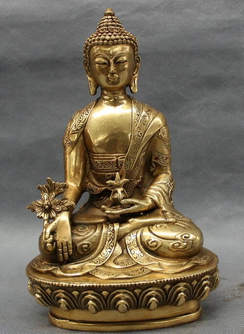 

S2927 8" Tibet Brass Buddhist Dragon Head Shakyamuni Sakyamuni Medicine Buddha Statue D0317