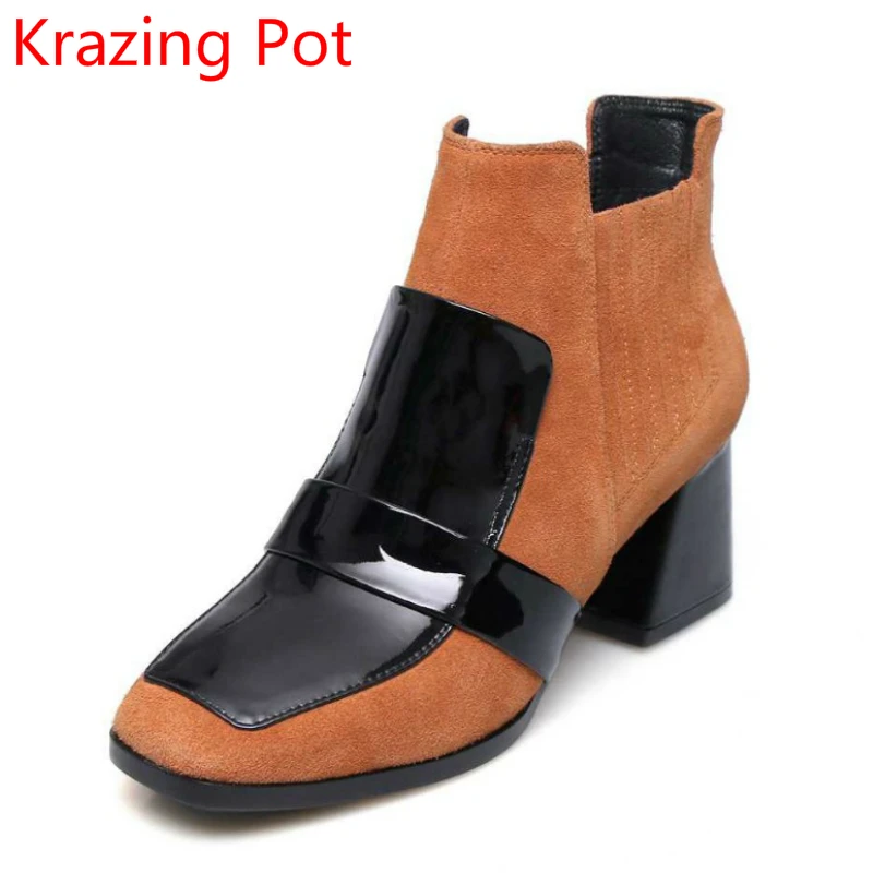

2018 Winter Shoes Genuine Leather Square Toe High Heels Zipper Mixed Colors Large Size European Runway Women Ankle Boots L06