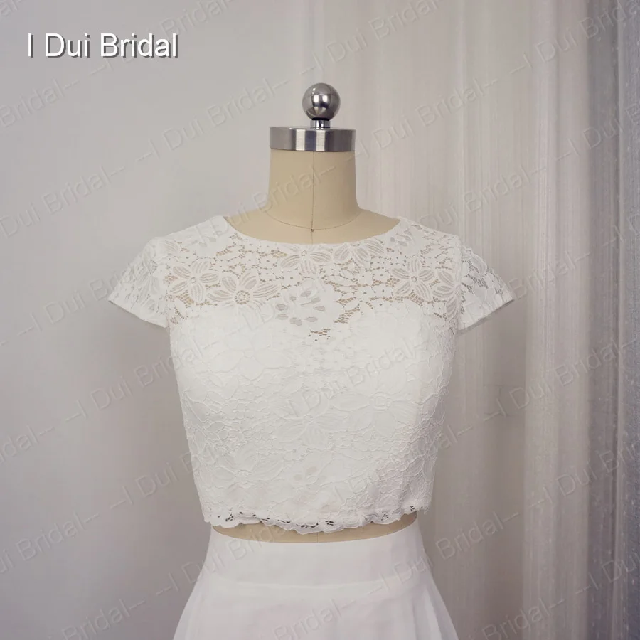 Короткий рукав из двух частей Кружевной Топ Свадебные платья настоящая фотография высокое качество кнопка назад индивидуальный заказ
