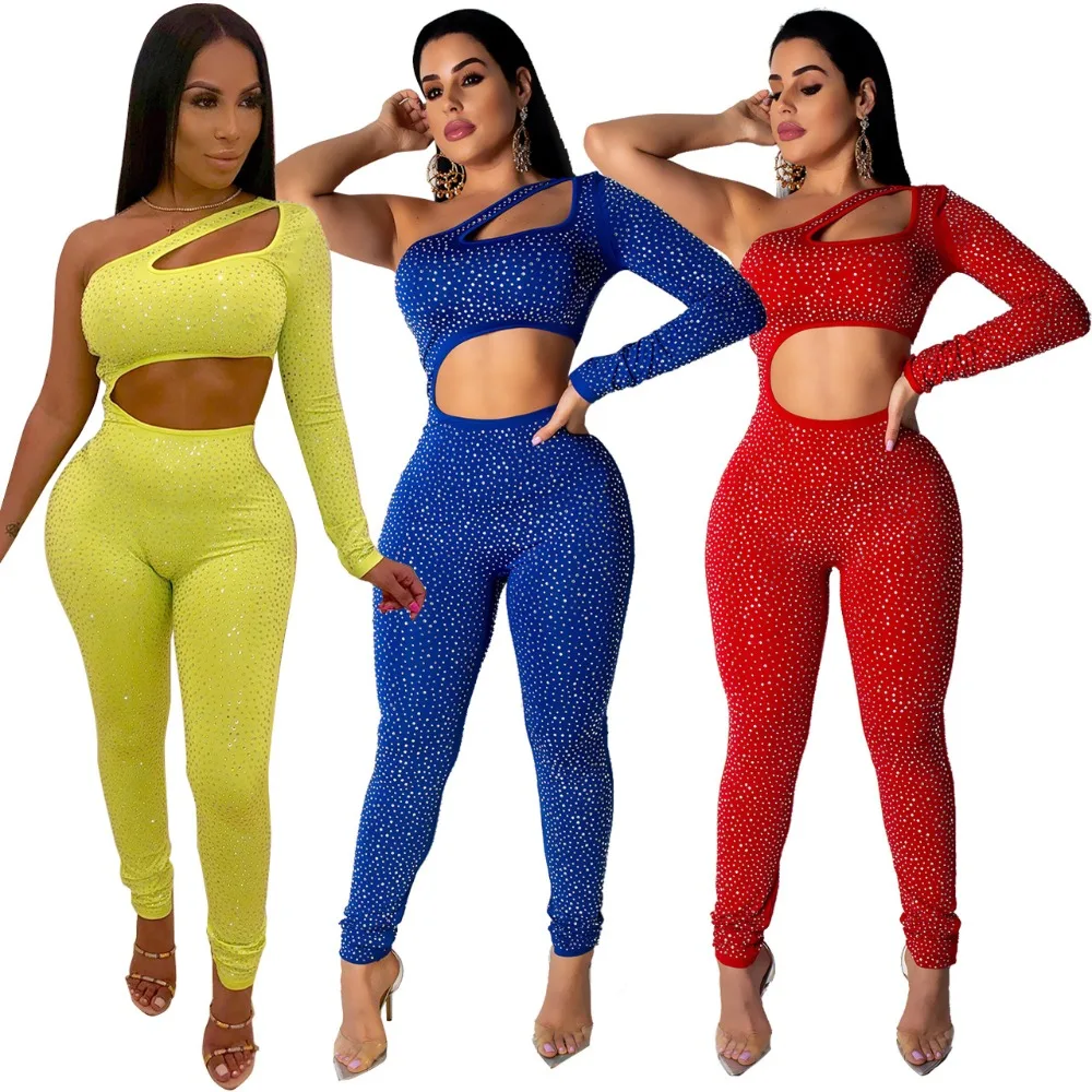 Женский модный комплект из 2 предметов со стразами укороченный топ на одно плечо +