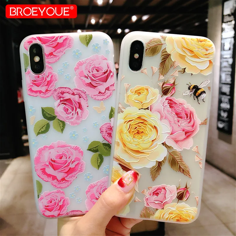 

BROEYOUE 3D Relief Case For iPhone 5 5S 6 6S Plus 7 8 Plus X Soft TPU Silicone Flower Case Back Cover For iPhone 6 6S 7 8 Plus X
