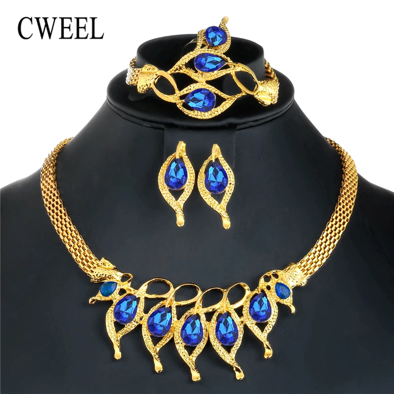 

CWEEL African Beads Jewelry Set For Women Bridal Wedding Gold Color Crystal Dubai Indian Jewelry Sets Metal Costume Jewellery