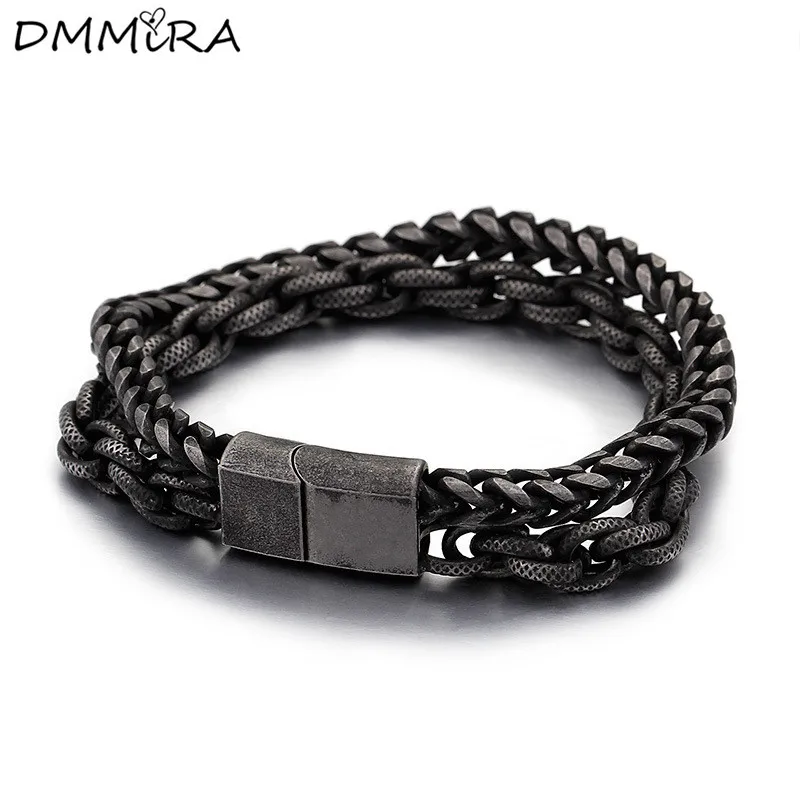 

New Arrval Fashion Punk Men Punk Rock Chain Bracelet Retro Black Stainless Steel Charms Double Chain Bracelets Pulseras Jewelry