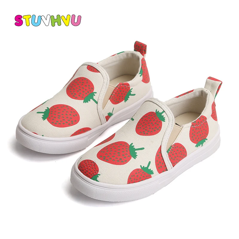 Children Canvas Shoes for Boys Spring Autumn Cute Strawberry Print Baby Toddler Girl Shoes Elastic Set of Feet Soft Kids Shoes
