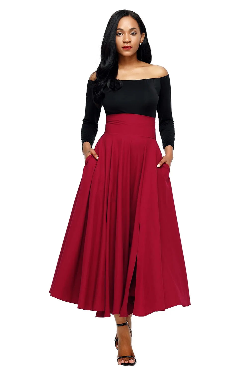 Red-Retro-High-Waist-Pleated-Belted-Maxi-Skirt-LC65053-3-1