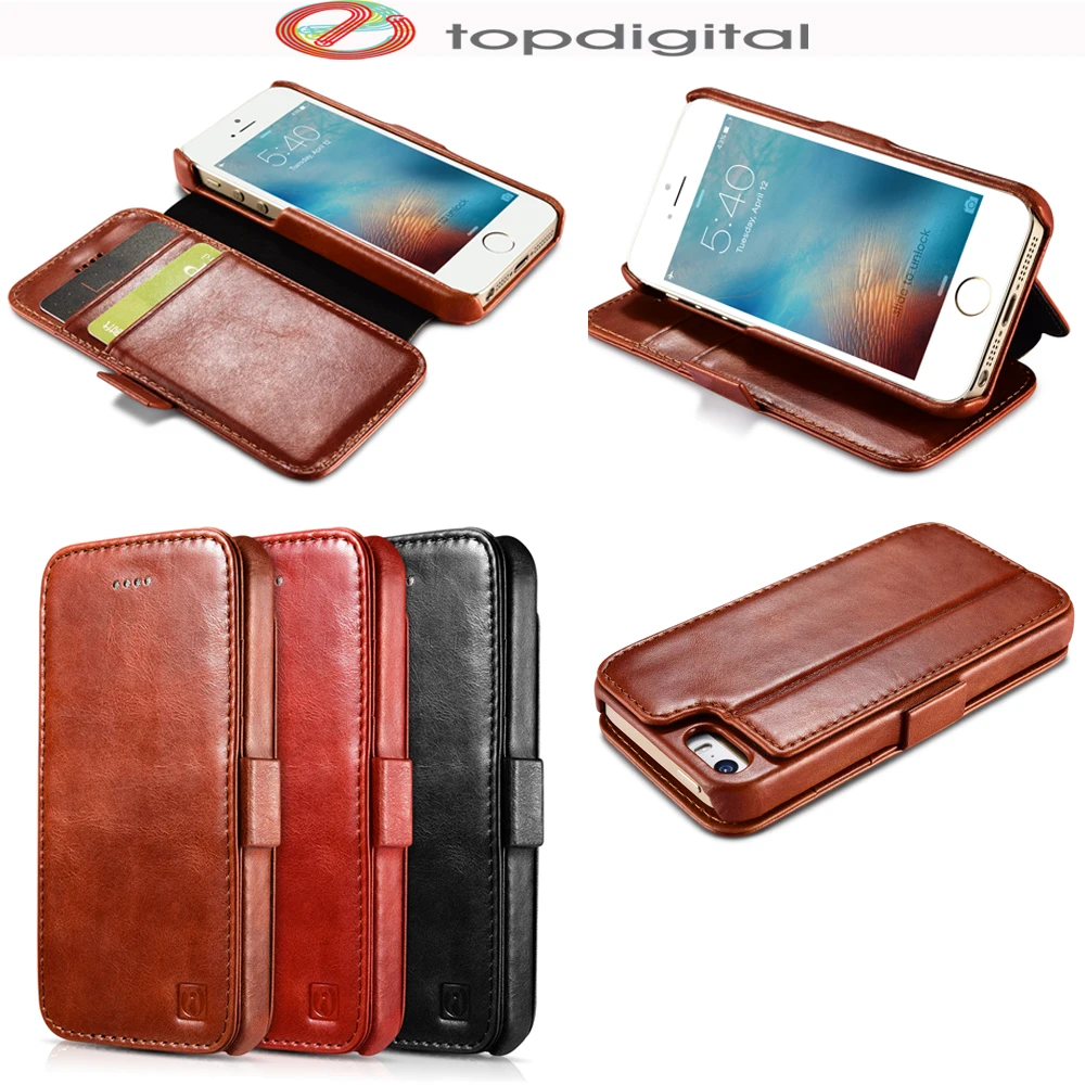 icarer Retro Genuine Leather for iPhone SE Case Wallet for iPhone 5s 5
