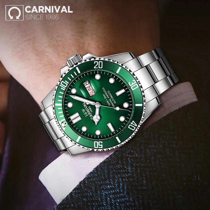 Carnival Automatic Submariner Watch Men Sport Diving Mens Mechanical Watches Top Brand Luxury Military Wristwatch Male Clock