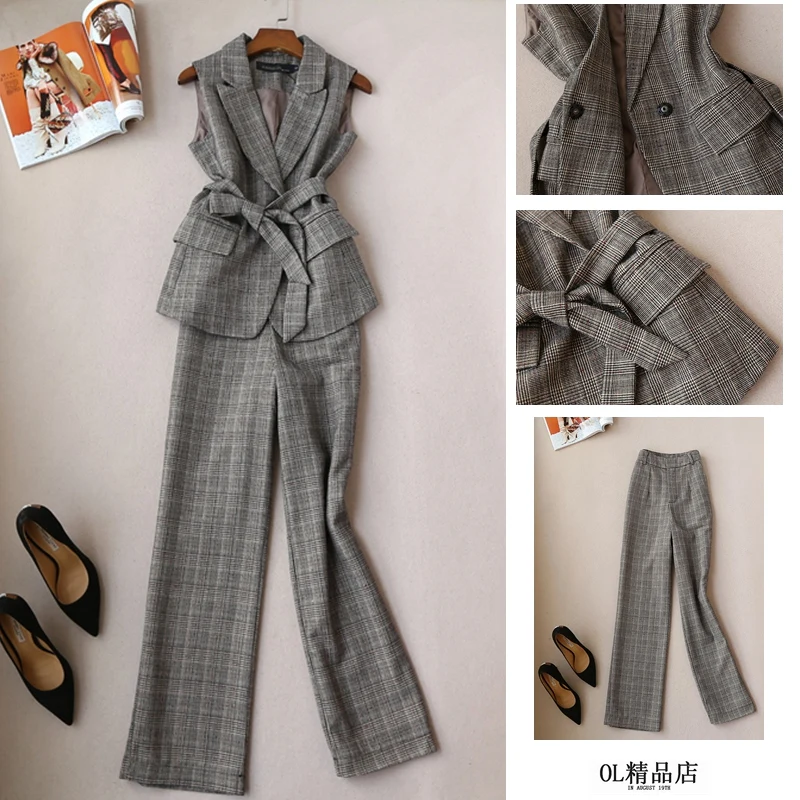 

Women's spring and autumn fashion suit female sleeveless suit vest plaid wide leg trousers two-piece autumn and winter new