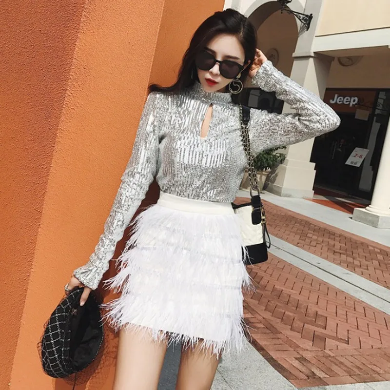 

Women Covered Silvery Sequined Long Sleeve T-shirt Top+Ostrich Feather Tassels Pencil Mini Skirt Set Lady Sexy Club Clothing Set
