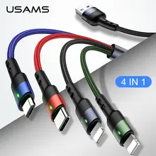 USAMS 3 в 1 Micro USB кабель 3A type C кабель для iPhone кабель USB C кабель для зарядки 4 в 1 шнуры для iPhone 6 6s 7 8 x xs samsung