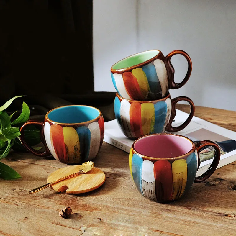 

Creative Ceramic Mug Coffee Cup With Lid Fashion Milk Cup Personality Hand Painting Color Couple Breakfast Mug Funny Mugs
