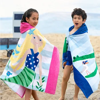 

Children Dinosaur Beach Towel Cute Cartoon Hooded Cloak Beach Towel Animal Printed Cotton Boys Girls Kids Swimming Bath Towel
