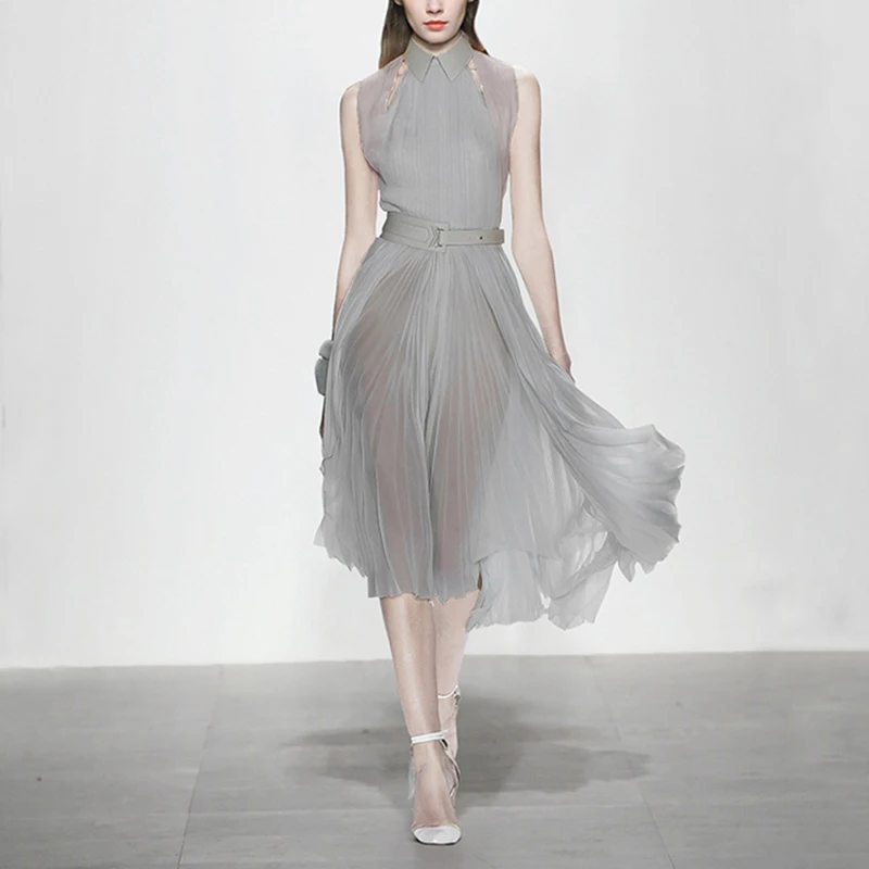 

2018 Summer Retro Elegant Solid Color Gray Dress Women 's Sexy Off Shoulders High Waist Mid Long Chiffon Dress Party Vestidos