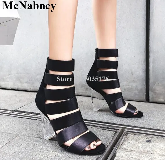

McNabney Summer Women Boots Hollow Crystal Strange Style Zip Peep Toe Cover Heel Spring/Autumn European Temperament Women Shoes