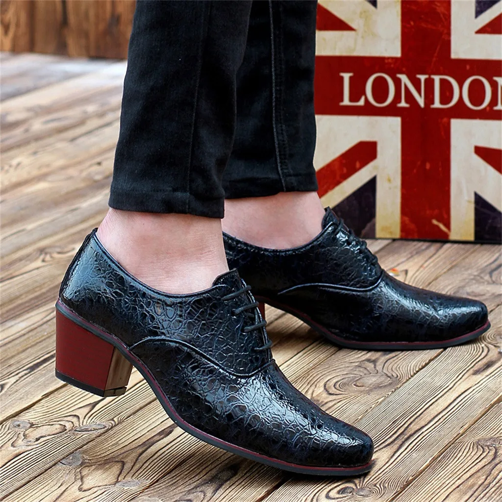 Men Pointed Toe leather shoes Lace-Up Alligator Pattern Busines Dress shoes British style High heel Male Wedding shoes 7.11