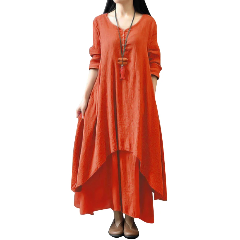 Женское винтажное платье Макси платье женское однотонное платье с v-образным вырезом и длинным рукавом с асимметричным подолом Boho повседневное Длинное свободное платье большого размера платье осень