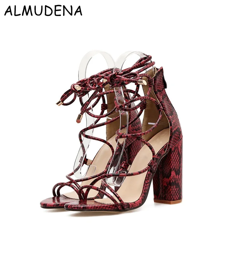 

Women Red Snakeskin Python Cross Tied Lace-up Chunky High shoes Fashion Casual Summer Ankle Strap Sandal