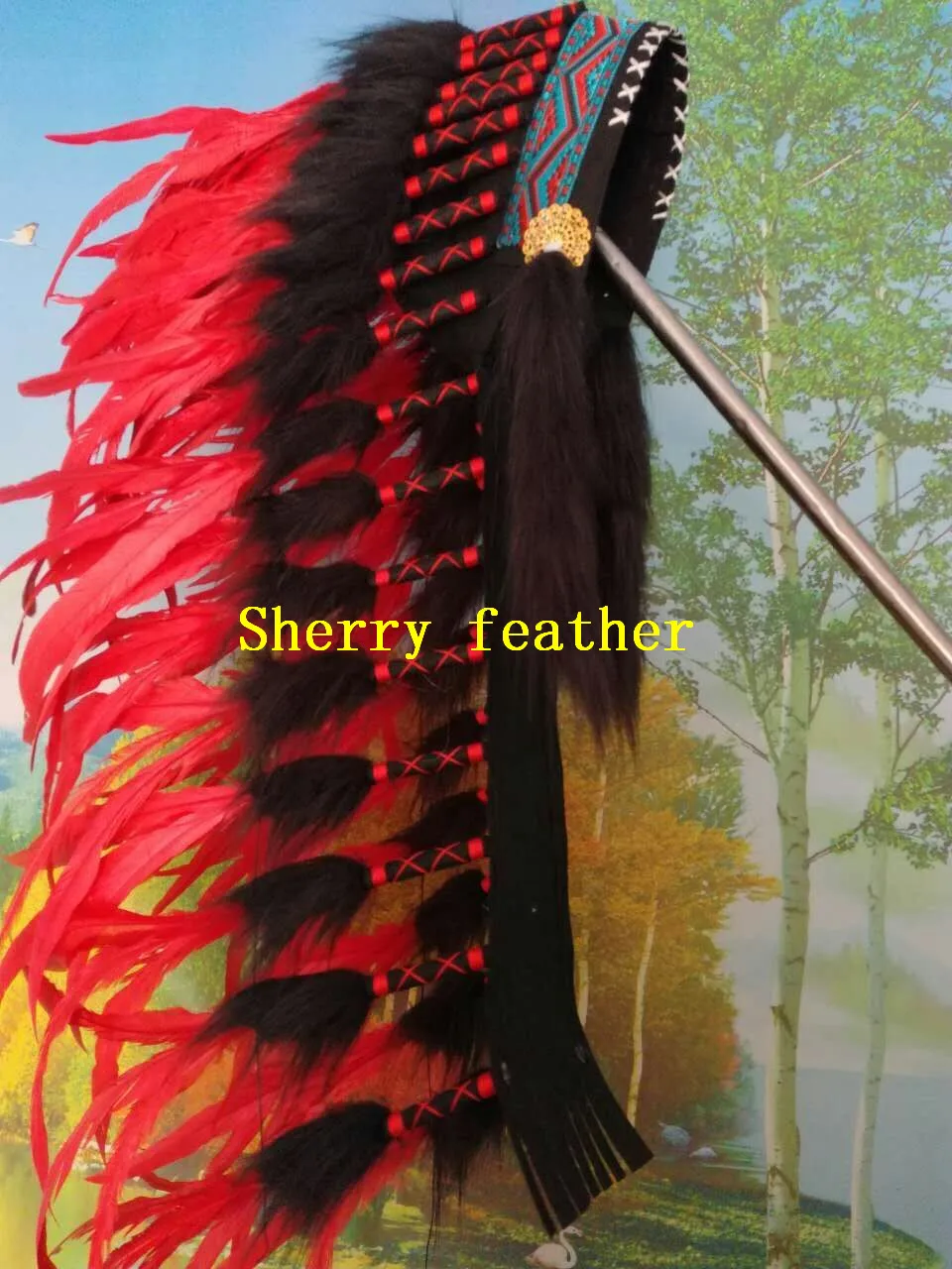 36 inches red indian Feather headdress replica made war for