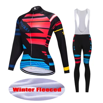 

Wolfkei Women Winter Thermal Fleece Cycling Jersey Ropa Ciclismo/Mountain Bib Tights set/Quick-Dry Bike Clothing Sportswear